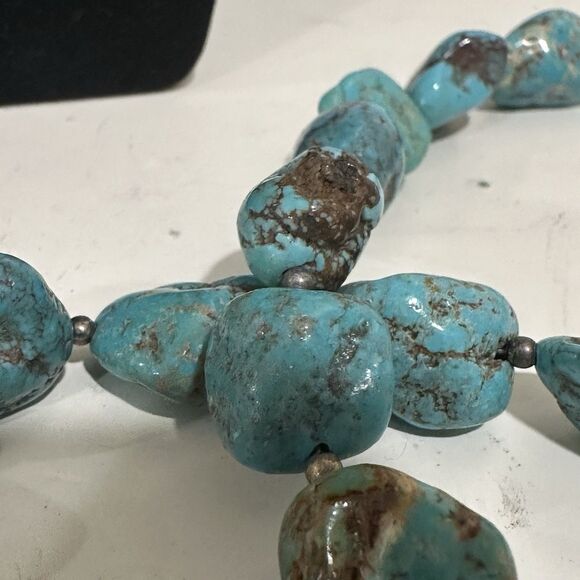 Vtg Native American Turquoise Boulder Nugget Necklace Sterling Silver W Heshi - Picture 8 of 10